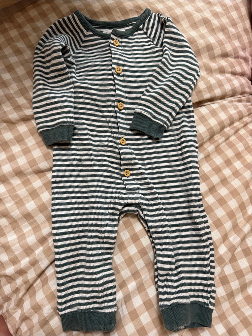 Little Planet Striped Knit One-Piece Romper in Dark Green and White 9 Months